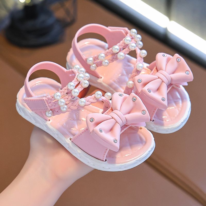 New Summer Bow Pearl Ornament Flat Sandals For Girls Aged 1-7 Children Slippers Non-slip Outdoors Seabeach Flip Flops Kids Shoes