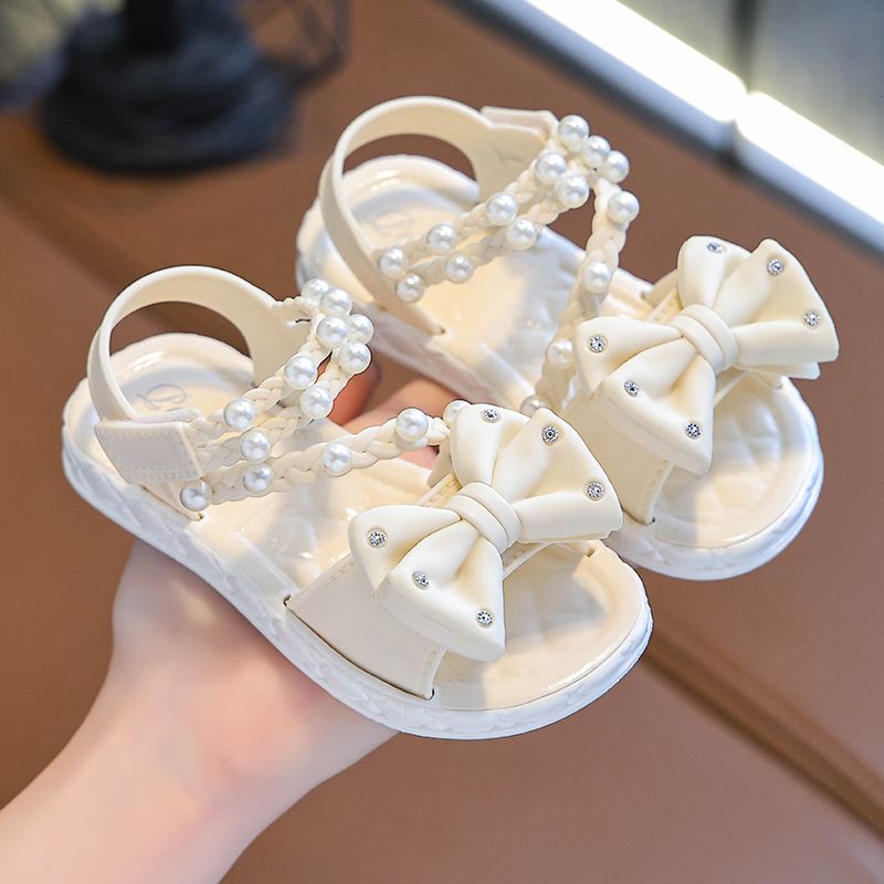 New Summer Bow Pearl Ornament Flat Sandals For Girls Aged 1-7 Children Slippers Non-slip Outdoors Seabeach Flip Flops Kids Shoes