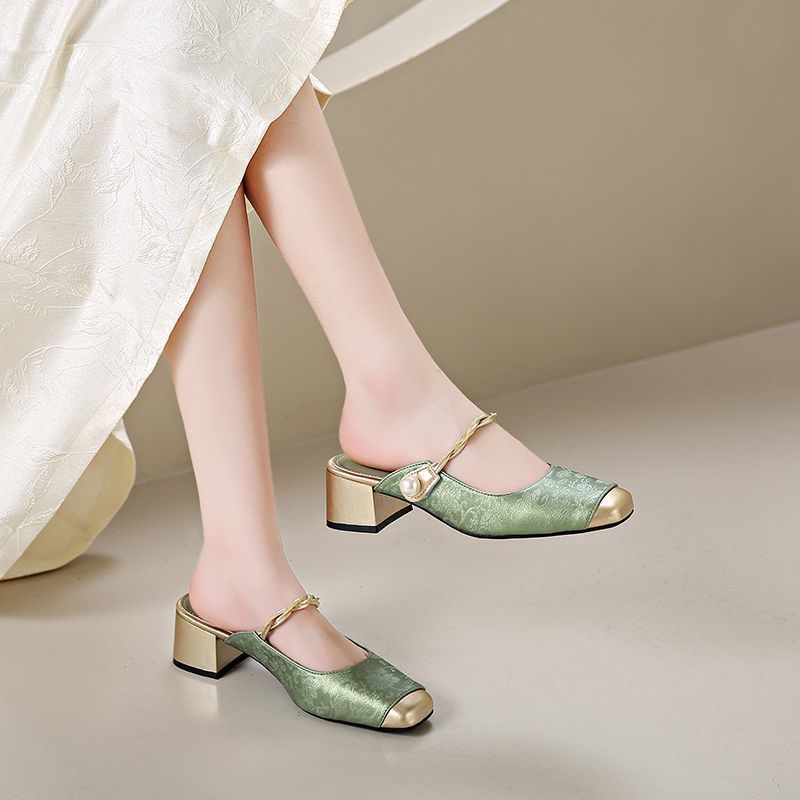Dressy Mary Jane Shoes Women's Mules Green Slip on Mid Heels Woman Chic Patchwork Slippers New Summer Strap Heeled Shallow Mules