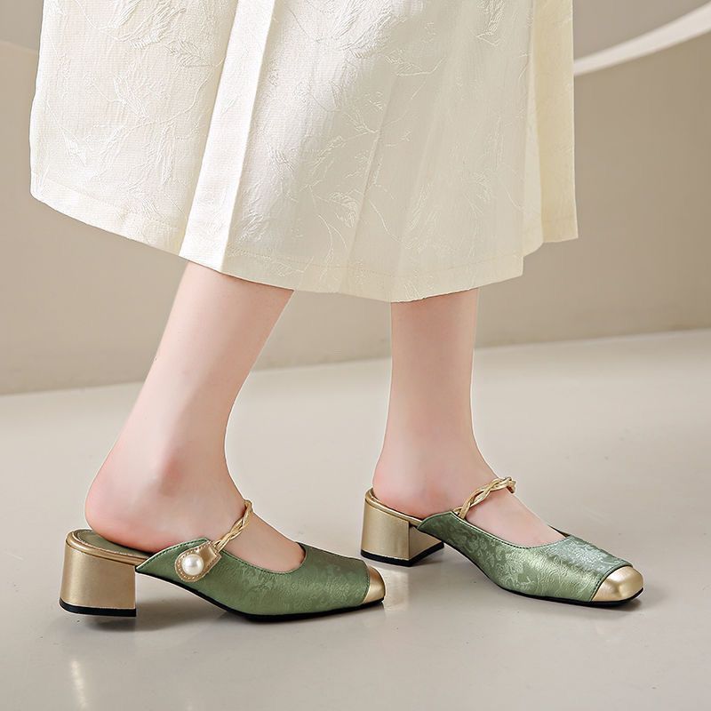 Dressy Mary Jane Shoes Women's Mules Green Slip on Mid Heels Woman Chic Patchwork Slippers New Summer Strap Heeled Shallow Mules