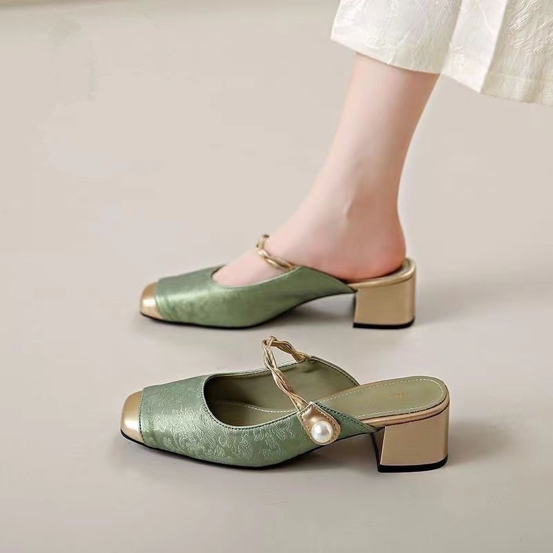 Dressy Mary Jane Shoes Women's Mules Green Slip on Mid Heels Woman Chic Patchwork Slippers New Summer Strap Heeled Shallow Mules