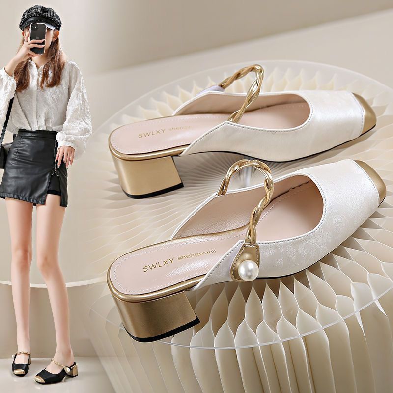 Dressy Mary Jane Shoes Women's Mules Green Slip on Mid Heels Woman Chic Patchwork Slippers New Summer Strap Heeled Shallow Mules