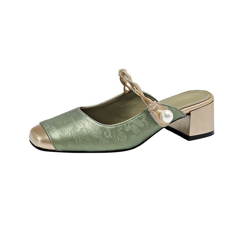 Dressy Mary Jane Shoes Women's Mules Green Slip on Mid Heels Woman Chic Patchwork Slippers New Summer Strap Heeled Shallow Mules
