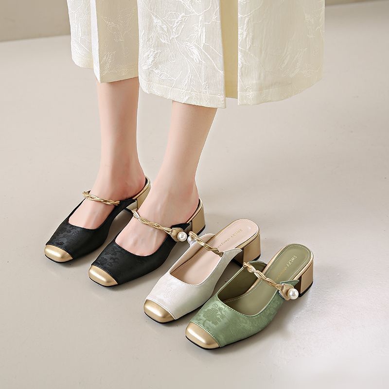 Dressy Mary Jane Shoes Women's Mules Green Slip on Mid Heels Woman Chic Patchwork Slippers New Summer Strap Heeled Shallow Mules