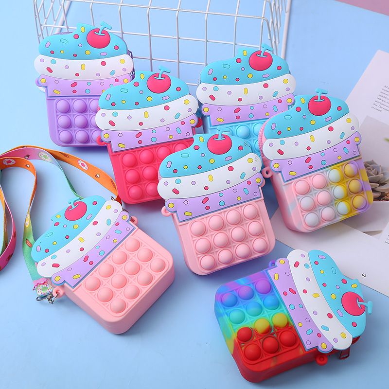Girls Toys Silicone Ice Cream Messenger Bag Coin Purse Children's Decompression Pop Toys Cartoon Wallet