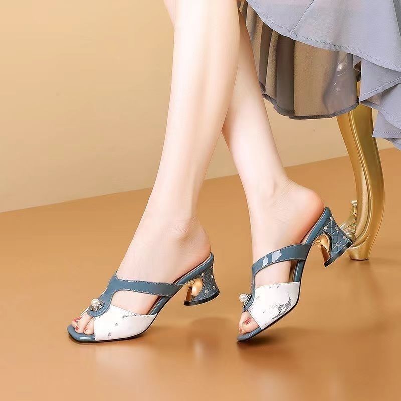 Open-toe Sandals Women  Elegant Woman High Heel Shoes Summer Fashion Comfort Thick Middle Heels Slippers Metal Decoration