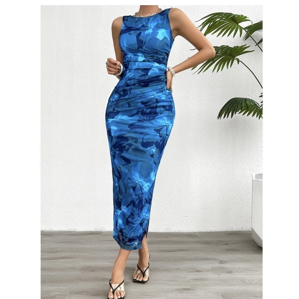 Spring/summer Slim-fit Sleeveless Gradual Color Change Dress Sexy Spice Top Breast Print Bag Hip Slit Skirt