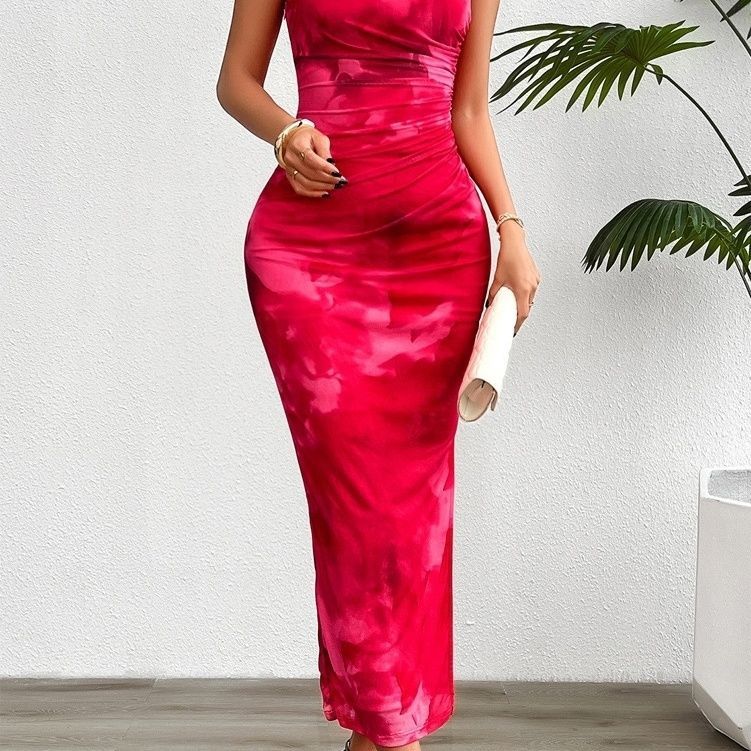 Spring/summer Slim-fit Sleeveless Gradual Color Change Dress Sexy Spice Top Breast Print Bag Hip Slit Skirt