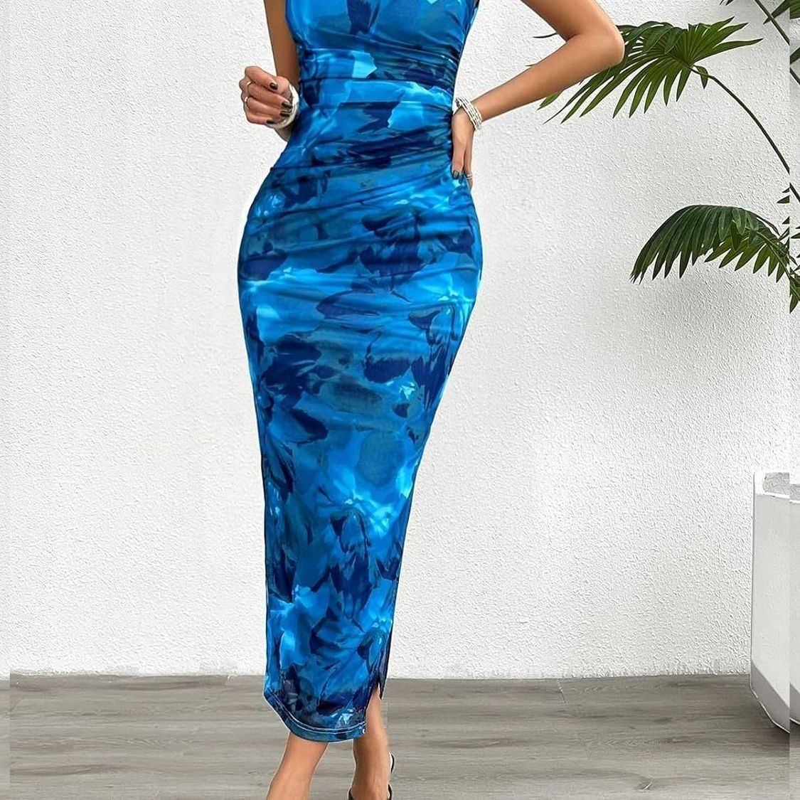 Spring/summer Slim-fit Sleeveless Gradual Color Change Dress Sexy Spice Top Breast Print Bag Hip Slit Skirt