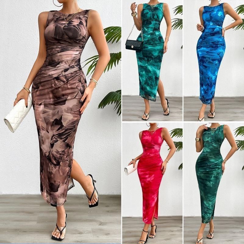 Spring/summer Slim-fit Sleeveless Gradual Color Change Dress Sexy Spice Top Breast Print Bag Hip Slit Skirt
