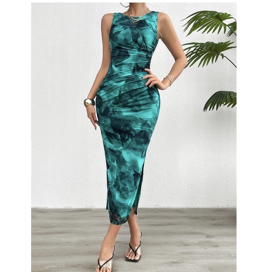 Spring/summer Slim-fit Sleeveless Gradual Color Change Dress Sexy Spice Top Breast Print Bag Hip Slit Skirt