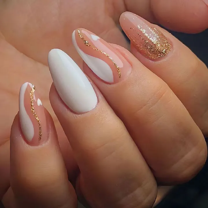 （Clearance Sale）Valentine's Day long almond shaped platinum line nail art French white border wave leopard print gold powder wearing nail art heart-shaped nail art sheet