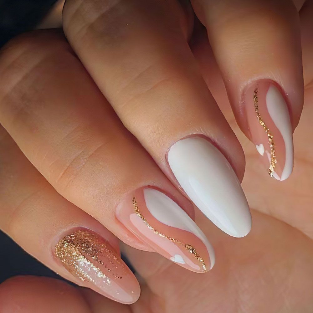 （Clearance Sale）Valentine's Day long almond shaped platinum line nail art French white border wave leopard print gold powder wearing nail art heart-shaped nail art sheet