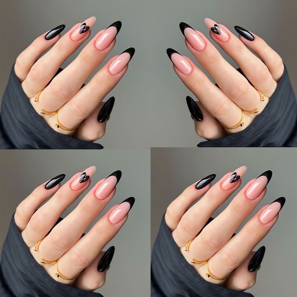 Valentine's Day nail art with French temperament, black heart-shaped French high-end peach heart nail stickers, finished nail art, 24 piece box, armored sheet