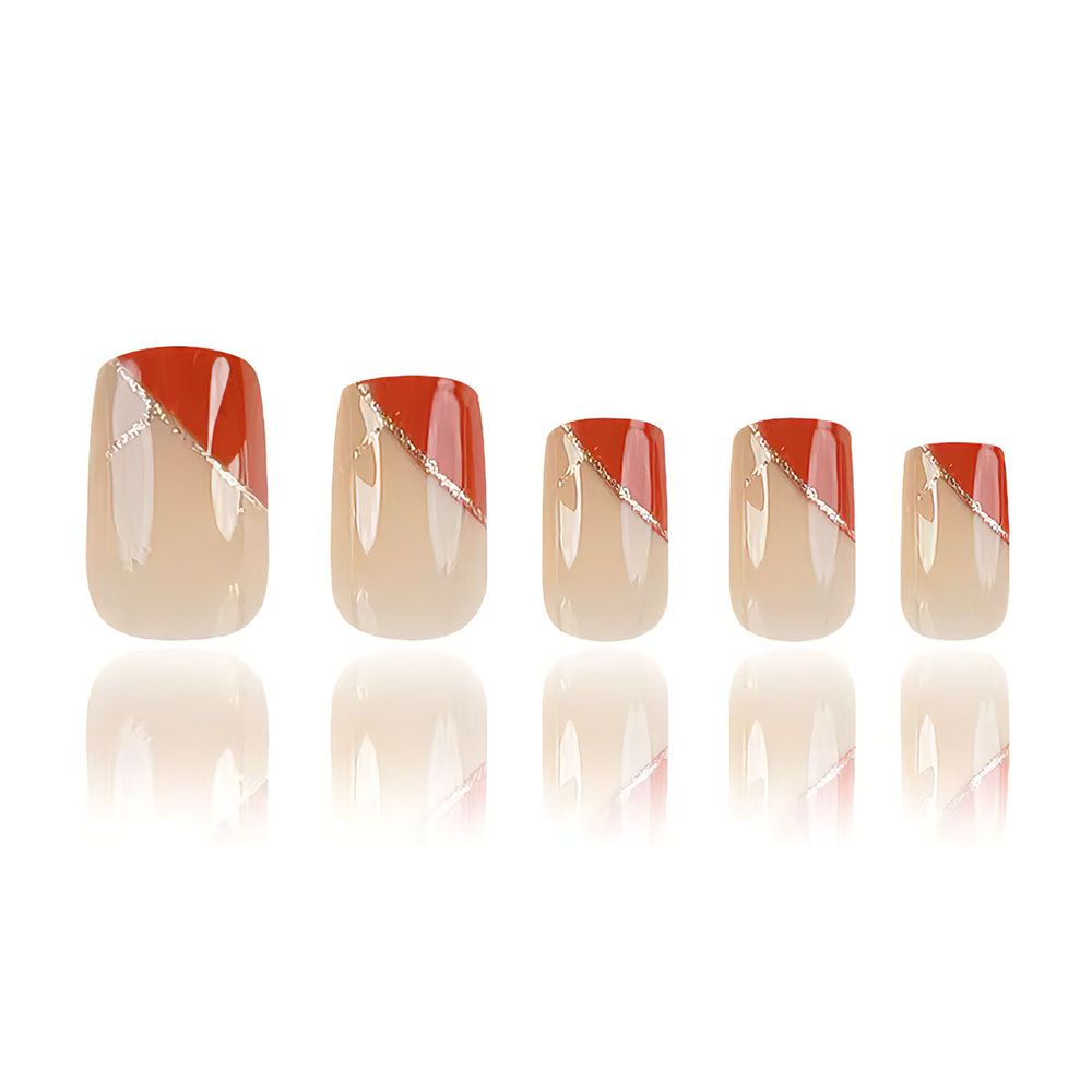 24 pieces of red geometric nail art, medium to long, European style, wearing nail polish with glitter lines, detachable fake nails
