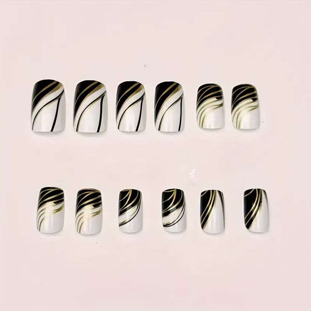 24 pieces of European and American French line patterns, black and white nail art, gold lines, high-end sense, fake nails, wearable nails, removable nail art pieces, nail art pieces, short almond nail