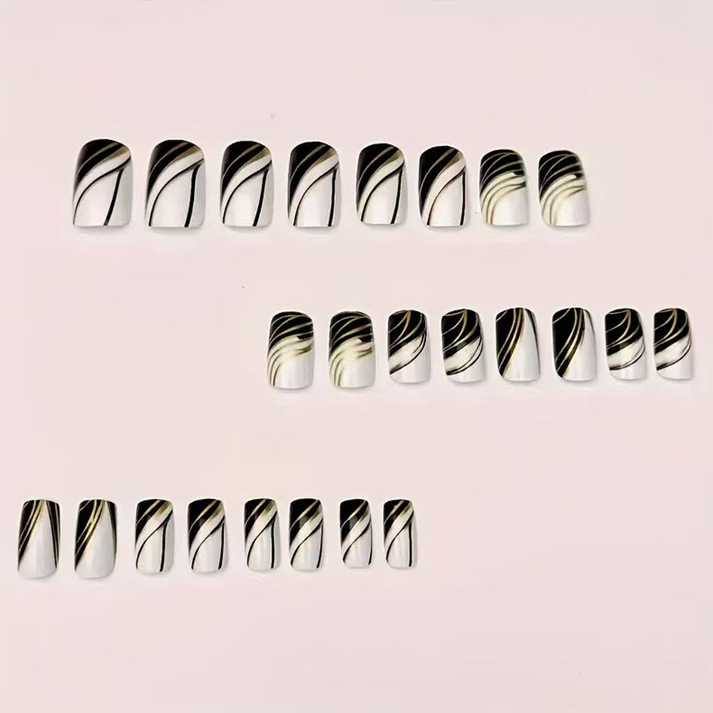 24 pieces of European and American French line patterns, black and white nail art, gold lines, high-end sense, fake nails, wearable nails, removable nail art pieces, nail art pieces, short almond nail