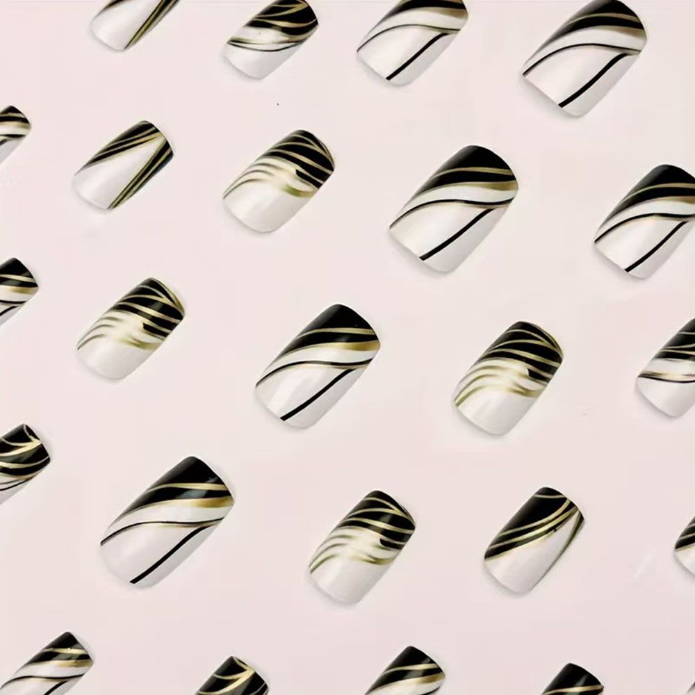 24 pieces of European and American French line patterns, black and white nail art, gold lines, high-end sense, fake nails, wearable nails, removable nail art pieces, nail art pieces, short almond nail