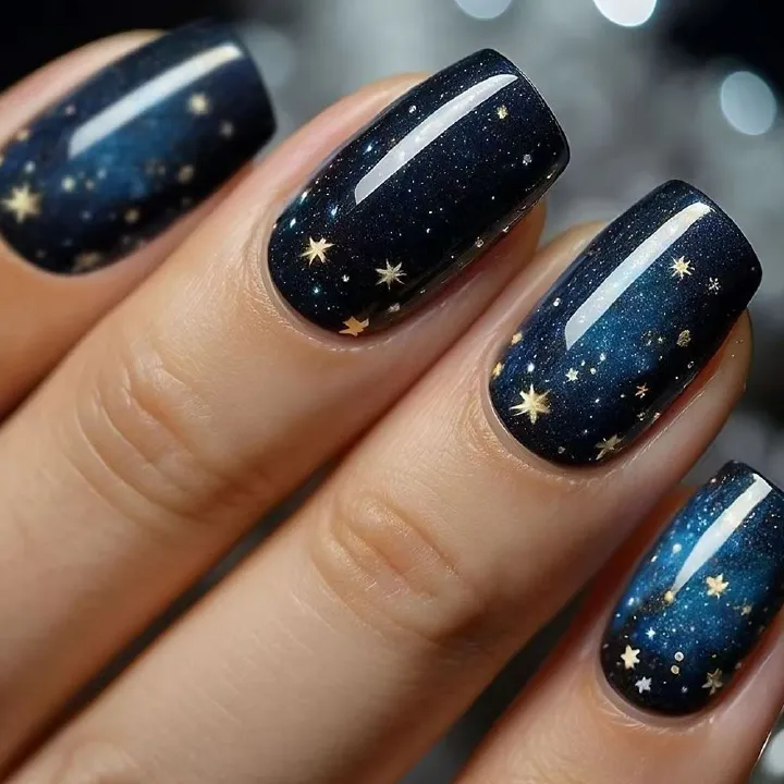 24 pieces of medium to long European style deep blue universe starry sky, medium style square nail, cross-border detachable fake nail product, wearable nail art