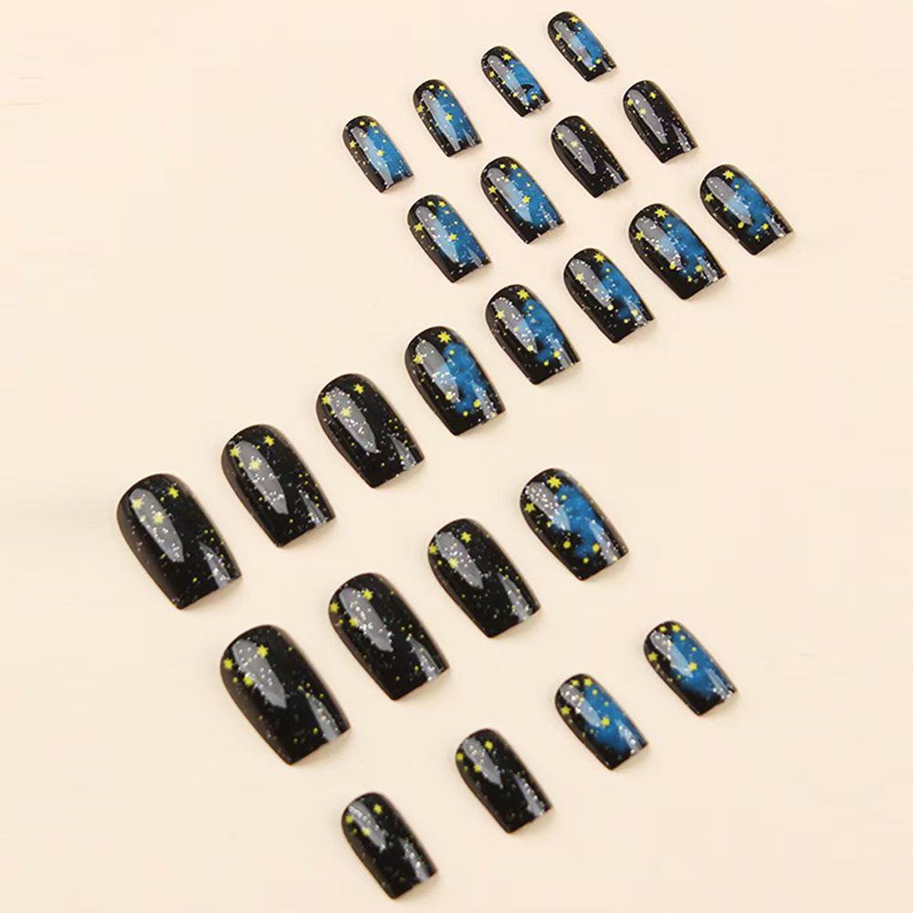 24 pieces of medium to long European style deep blue universe starry sky, medium style square nail, cross-border detachable fake nail product, wearable nail art
