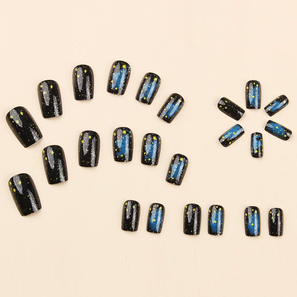 24 pieces of medium to long European style deep blue universe starry sky, medium style square nail, cross-border detachable fake nail product, wearable nail art