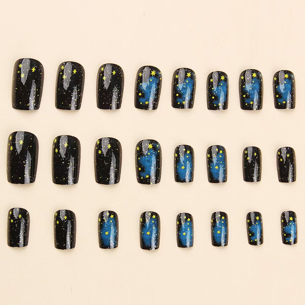 24 pieces of medium to long European style deep blue universe starry sky, medium style square nail, cross-border detachable fake nail product, wearable nail art