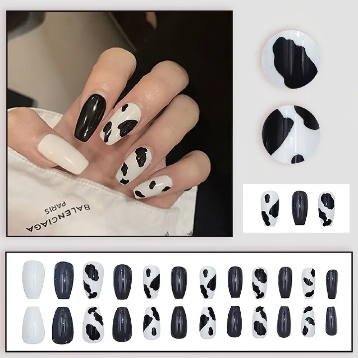 Wear nail black and white cow block cartoon children's fun fake nail nail sticker Nail nail sticker Wear nail removable nail sticker product can be reused