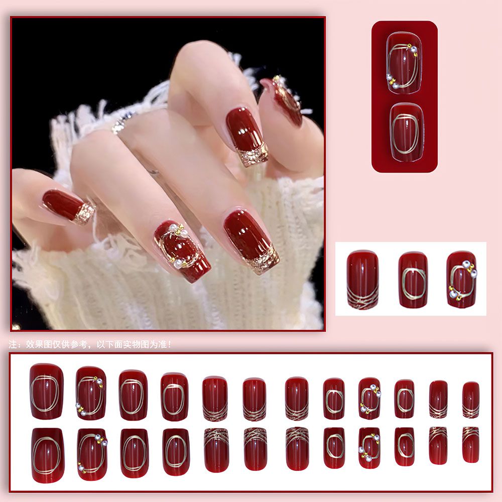 （Clearance Sale）24 pieces per box Wine red French diamond White new shiny gold powder wear nail art finished fake nail patch can be reused