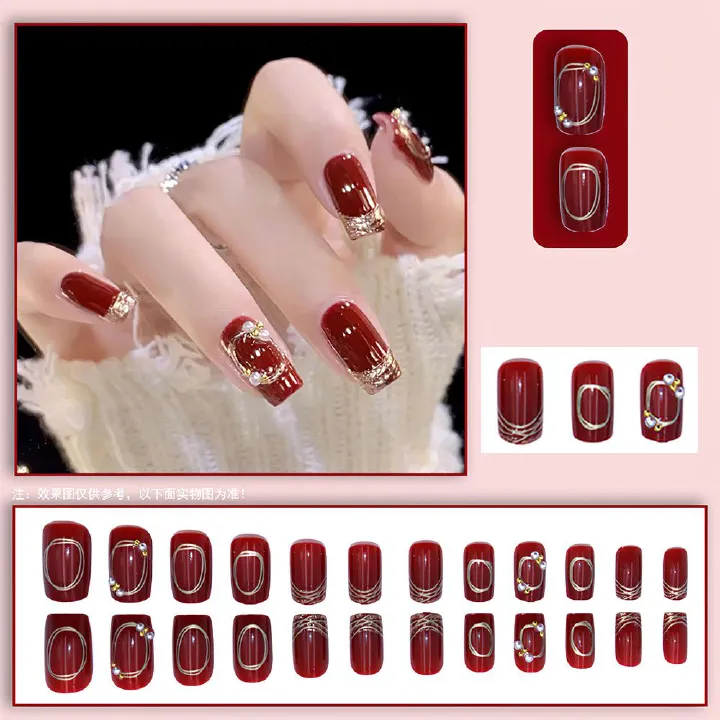 （Clearance Sale）24 pieces per box Wine red French diamond White new shiny gold powder wear nail art finished fake nail patch can be reused