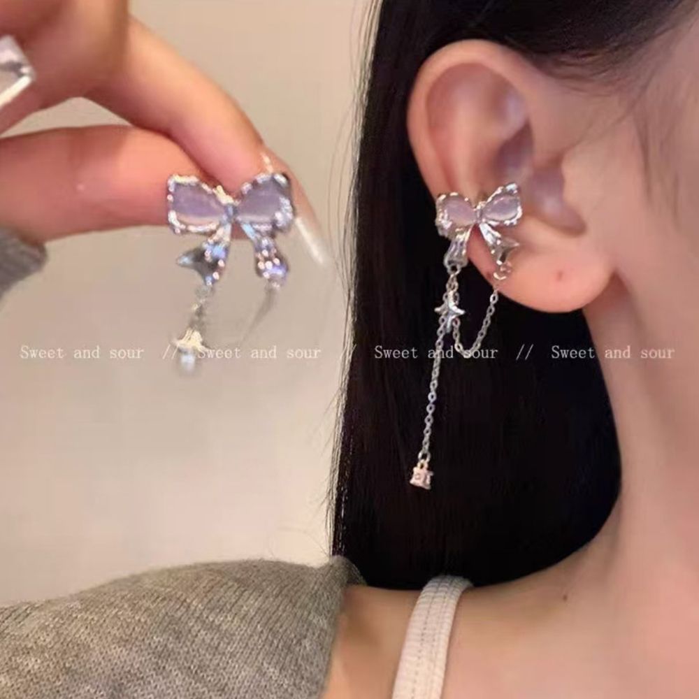 （Clearance Sale）Fashion bow ear clip without ear piercing senior sense niche ear long retro earring jewelry women