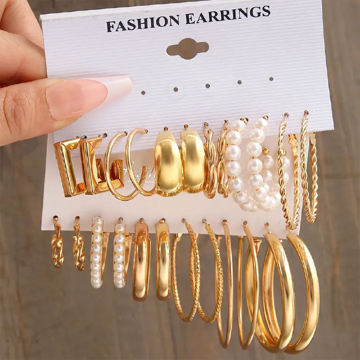 12 pairs of earring set Vintage pearl earrings set Metal gold earrings geometric fashion jewelry trendy light luxury high sense creative personality oval earrings for women