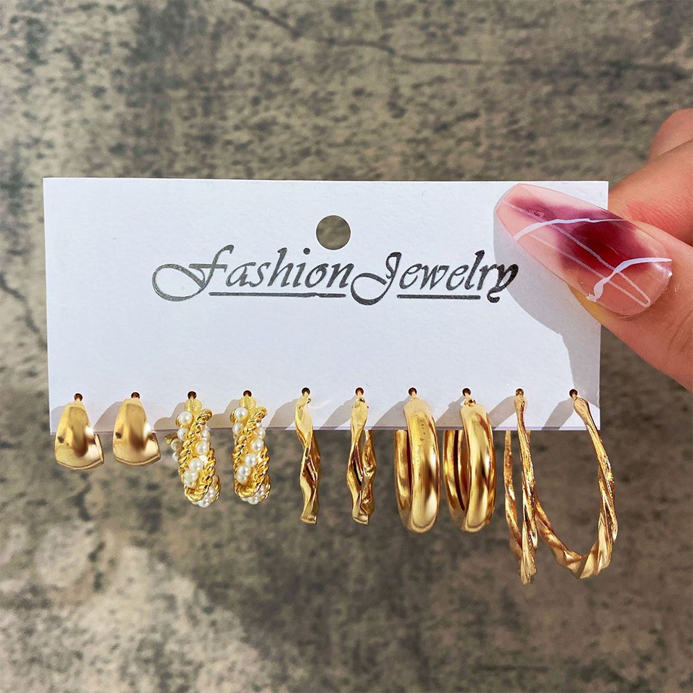 （Clearance Sale）5 sets Vintage Pearl earrings Metallic Gold earrings Geometric Fashion jewelry personality Trendy light luxury High metallic gold and silver oval earrings for women