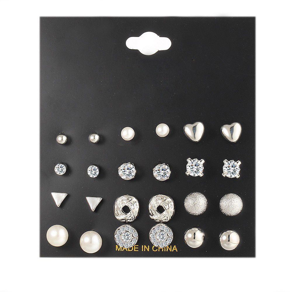12 pairs of earrings set Diamond pearl earrings stud geometric fashion jewelry trendy personality light luxury high sense earrings girl
