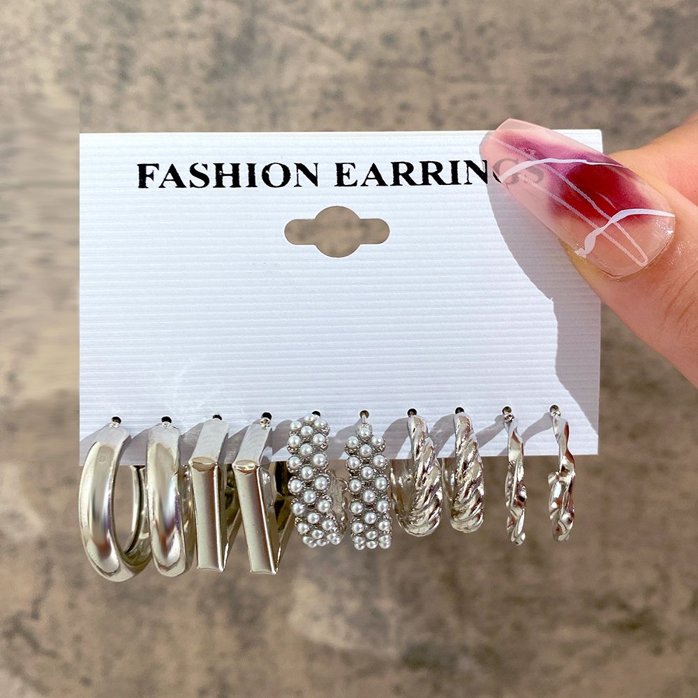 5 pairs of earring set Retro pearl earrings with diamond geometric fashion jewelry trendy personality light luxury high-grade metallic earrings female attraction