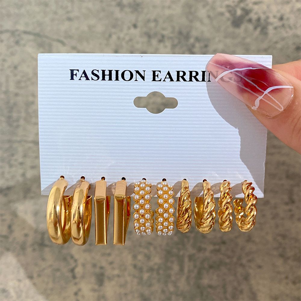5 pairs of earring set Retro pearl earrings with diamond geometric fashion jewelry trendy personality light luxury high-grade metallic earrings female attraction