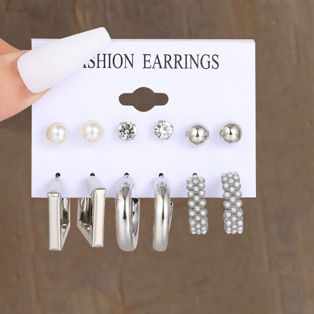6 pairs of earring set Europe and the United States retro pearl earrings stud set 6 pairs of personalized creative metallic gold silver earrings stud geometric shape earrings for women