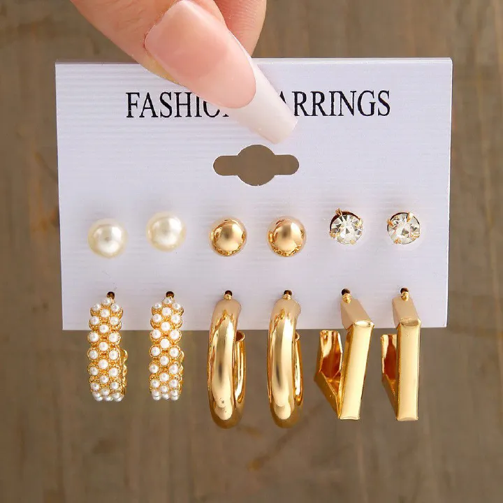 6 pairs of earring set Europe and the United States retro pearl earrings stud set 6 pairs of personalized creative metallic gold silver earrings stud geometric shape earrings for women