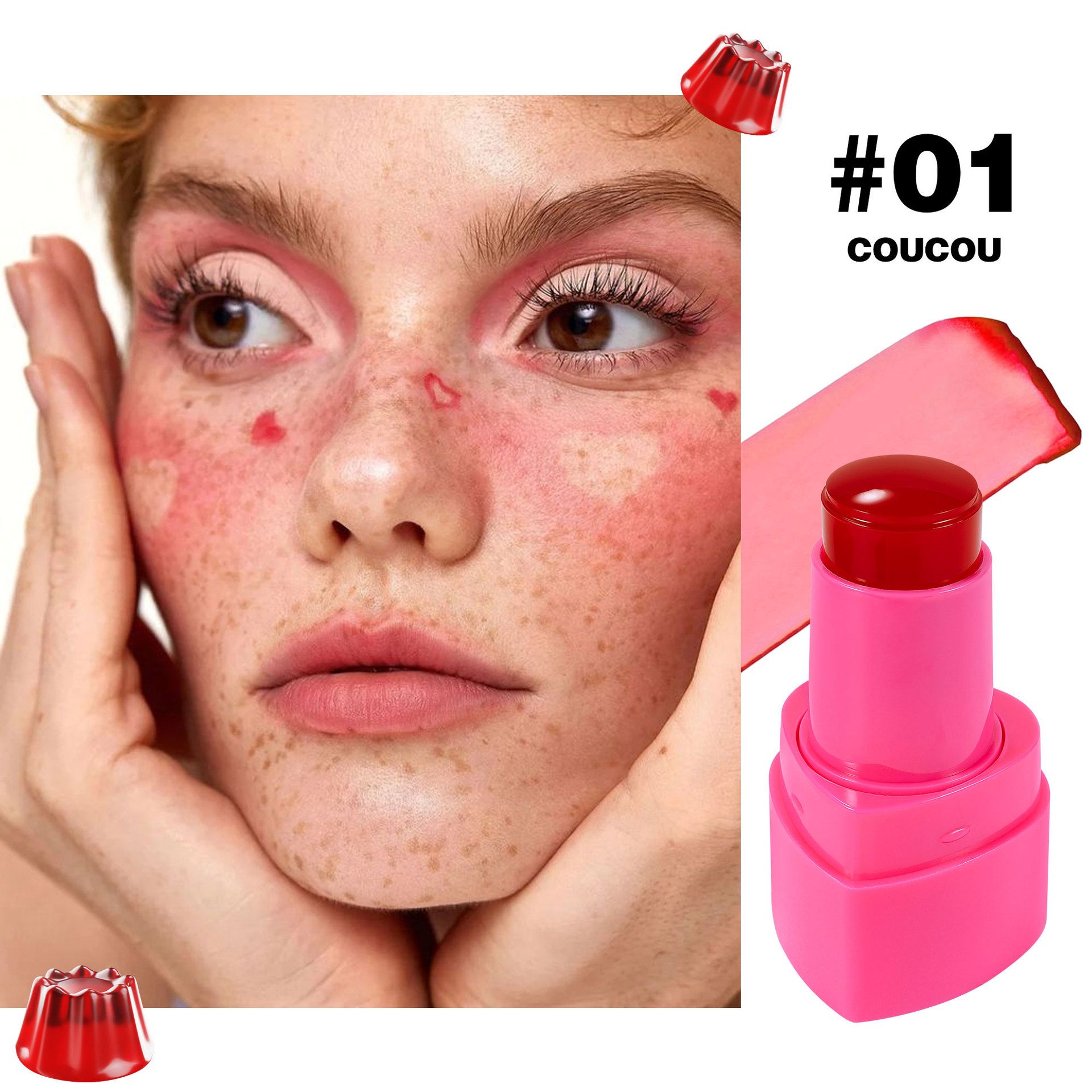 （Clearance Sale）5-color spot neutral jelly powder blusher makeup rouge cream shimmer powder blusher stick dual-use brighten and beautify powder blusher