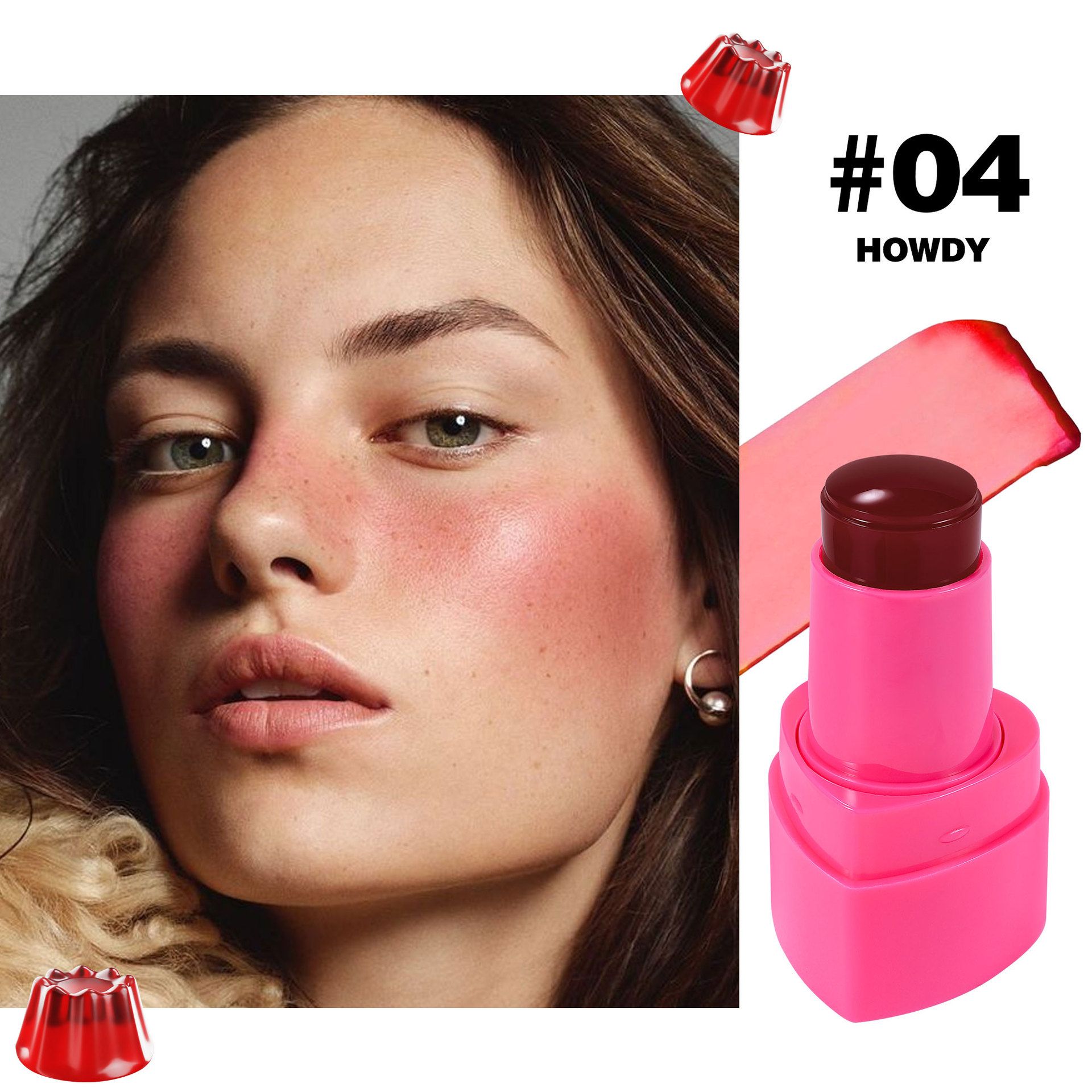 （Clearance Sale）5-color spot neutral jelly powder blusher makeup rouge cream shimmer powder blusher stick dual-use brighten and beautify powder blusher