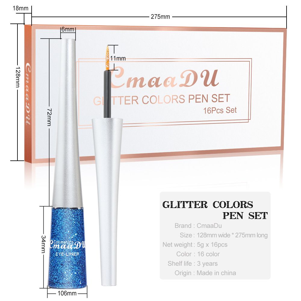 Colorful eyeliner liquid pen cosplay stage makeup explodes, waterproof, non halo dye gold silver green blue 16 color suit gold onion powder eyeliner liquid