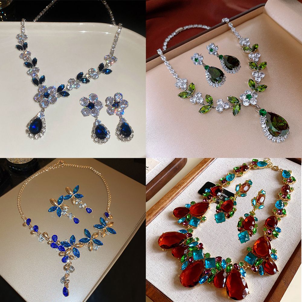 Clearance Sale Diamond studded water droplet necklace earring set pendant, luxurious and high-end collarbone chain accessory