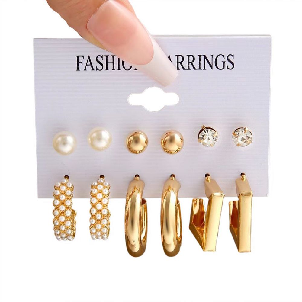 6 pairs of earring set Europe and the United States retro pearl earrings stud set 6 pairs of personalized creative metallic gold silver earrings stud geometric shape earrings for women