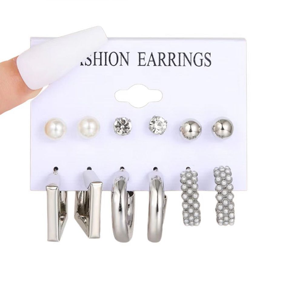 6 pairs of earring set Europe and the United States retro pearl earrings stud set 6 pairs of personalized creative metallic gold silver earrings stud geometric shape earrings for women