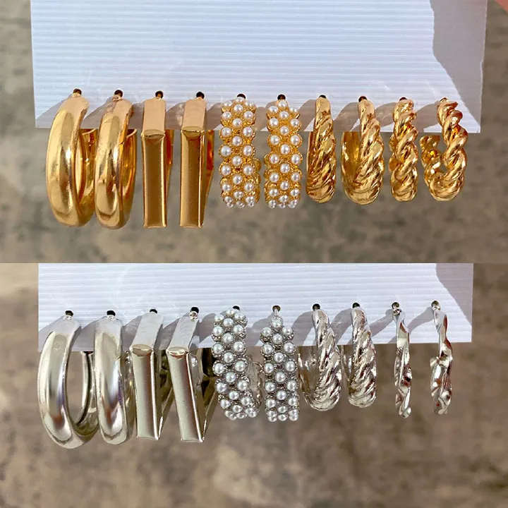 5 pairs of earring set Retro pearl earrings with diamond geometric fashion jewelry trendy personality light luxury high-grade metallic earrings female attraction