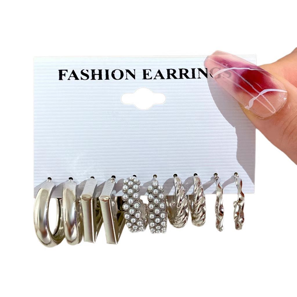 5 pairs of earring set Retro pearl earrings with diamond geometric fashion jewelry trendy personality light luxury high-grade metallic earrings female attraction