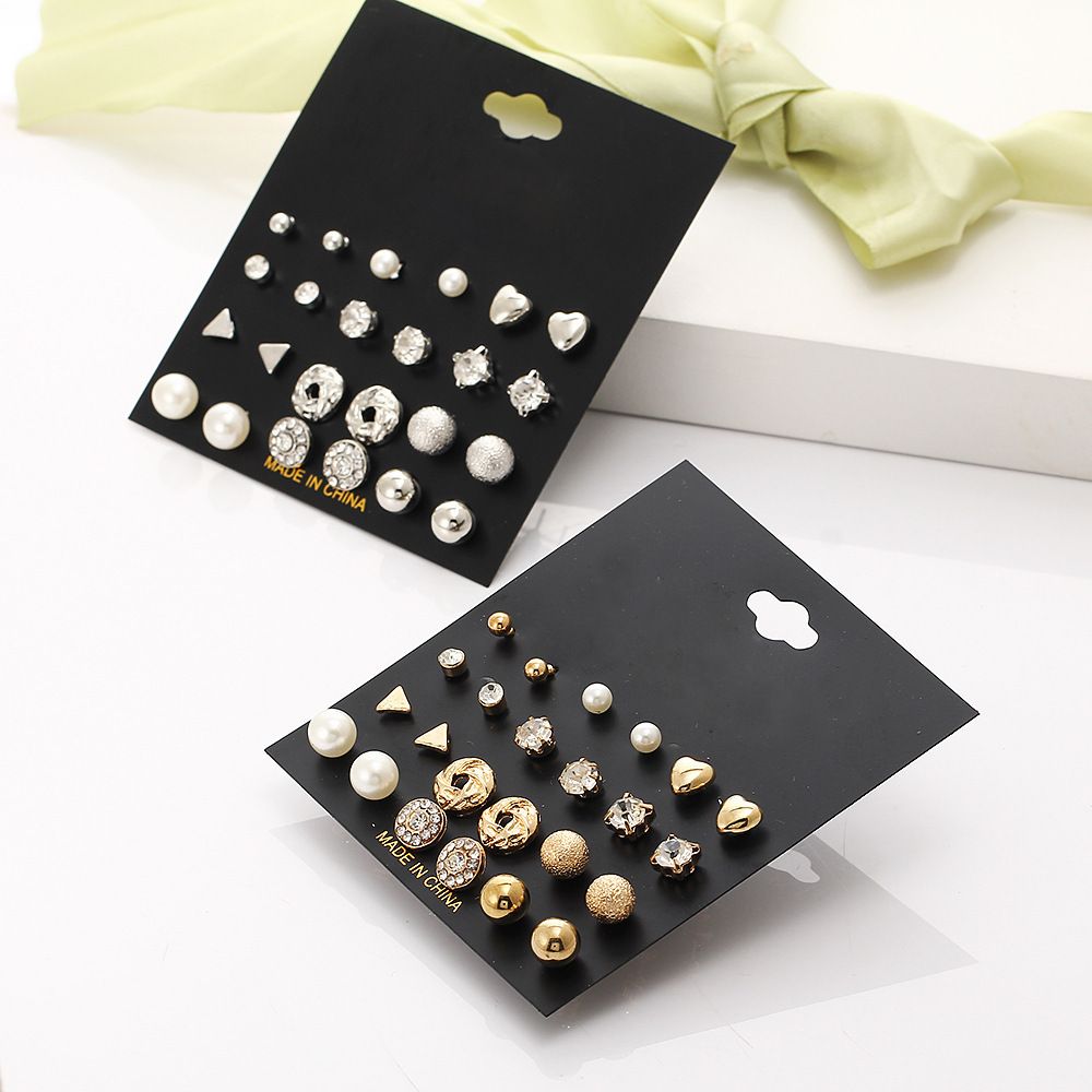 12 pairs of earrings set Diamond pearl earrings stud geometric fashion jewelry trendy personality light luxury high sense earrings girl