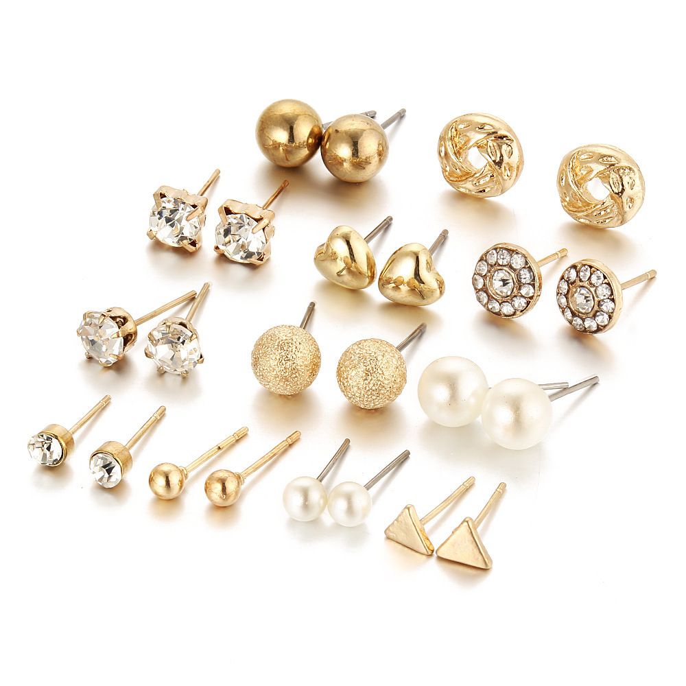 12 pairs of earrings set Diamond pearl earrings stud geometric fashion jewelry trendy personality light luxury high sense earrings girl