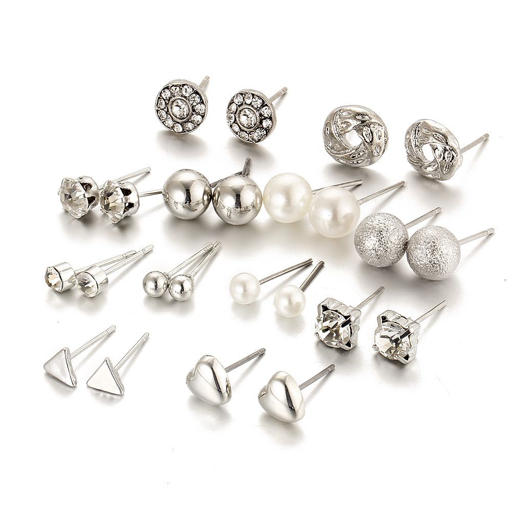12 pairs of earrings set Diamond pearl earrings stud geometric fashion jewelry trendy personality light luxury high sense earrings girl