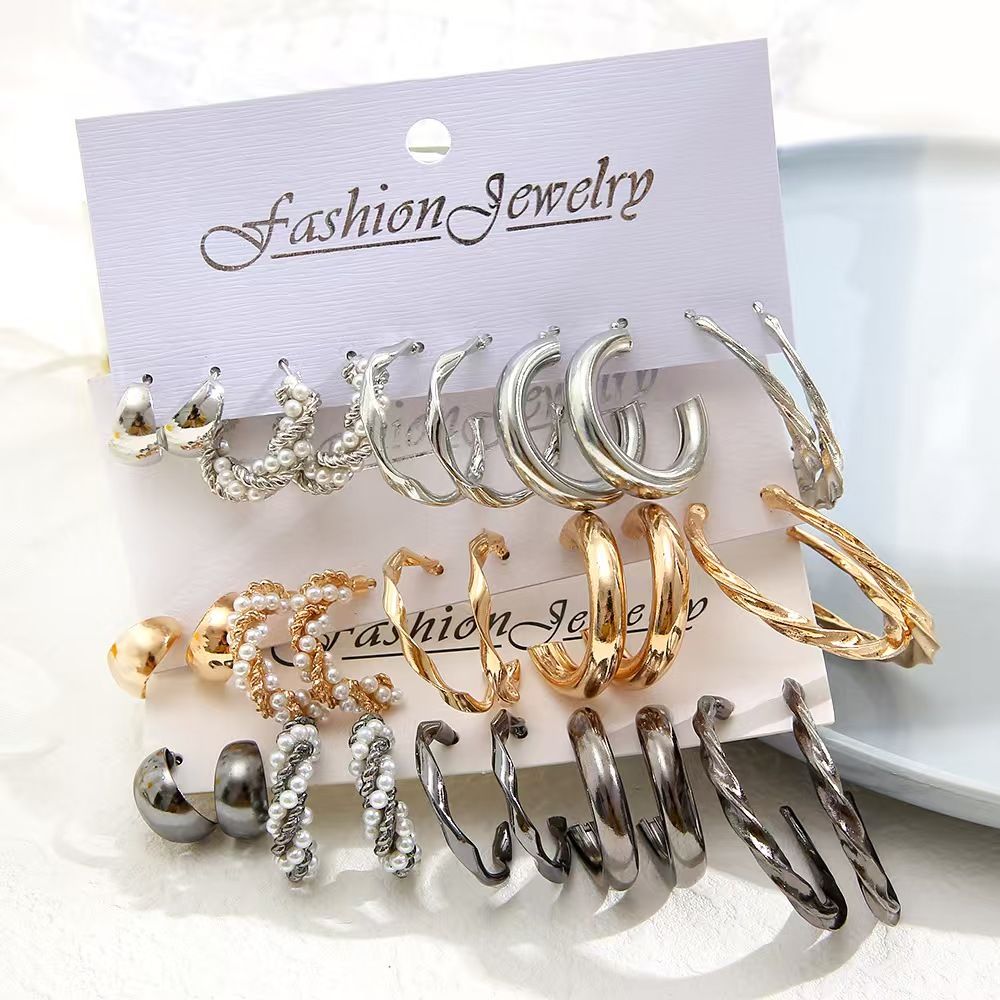 （Clearance Sale）5 sets Vintage Pearl earrings Metallic Gold earrings Geometric Fashion jewelry personality Trendy light luxury High metallic gold and silver oval earrings for women