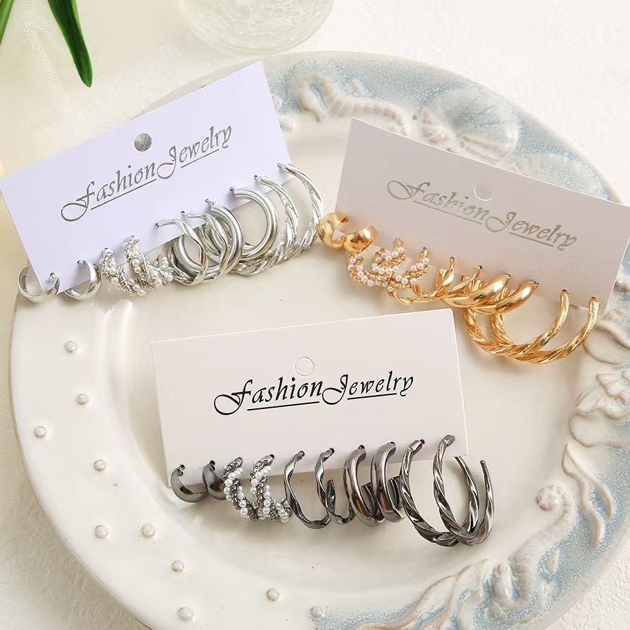 （Clearance Sale）5 sets Vintage Pearl earrings Metallic Gold earrings Geometric Fashion jewelry personality Trendy light luxury High metallic gold and silver oval earrings for women